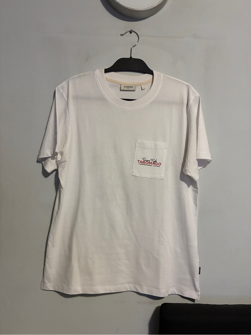 Pompeii3 White Short-Sleeve Pocket Tee with Red Logo